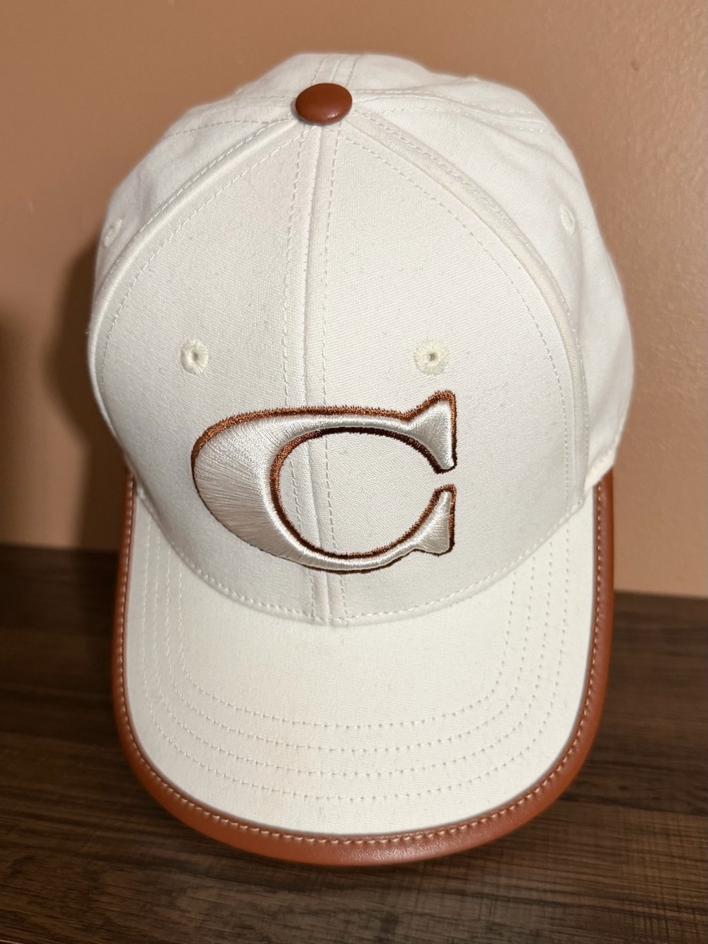 Kids Cream Baseball Cap with Brown Trim and Embroidered C
